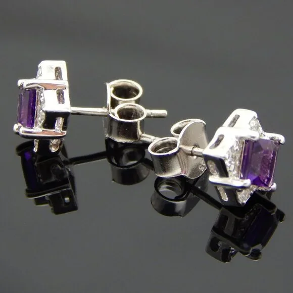 Genuine Amethyst Cushion Cut Earrings in 925 Sterling Silver - Picture 4 of 6